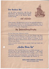 Reklame Werbeblatt Berliner B&auml;ren-Lotterie, Postscheckamt ca. 1950er Jahre