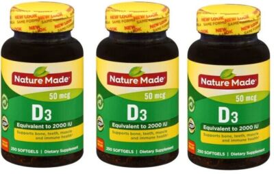 Nature Made Vitamin D3, 250 Softgels, Vitamin D 2000 IU (50 mcg) X 3 Packs