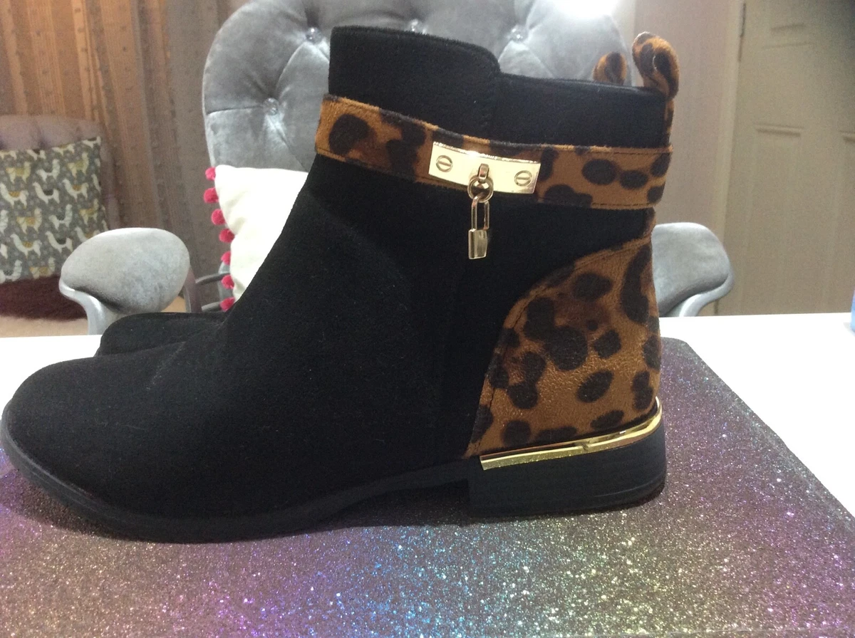 Kelsi Shoes Black Animal Padlock Metallic Zip Ankle Boots Size UK 7 EU 40