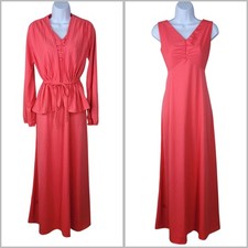 Vintage 60s 70s Jacket Dress Set Small Medium Hostess Maxi Long Pink Peach