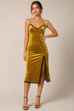 Forever 21 Gold Velvet Slip Dress Small Lace Trim Midi Spaghetti Strap Party
