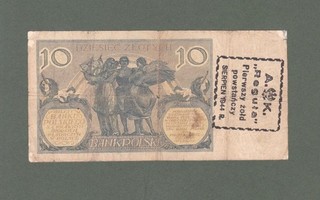 #Bank of Poland German Occupation 10 Zlotych 1944 P 65 AF A.K. Regula