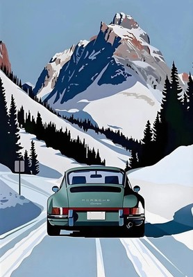Grüner Porsche 911 Rückansicht Poster Alpen Straße Auto Car Poster Druck