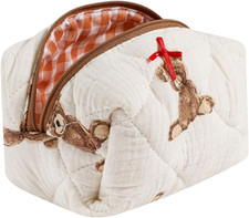 Cute Small Floral Cotton Makeup Bag, Quilted Zipper Pouch with Coquette Bear for