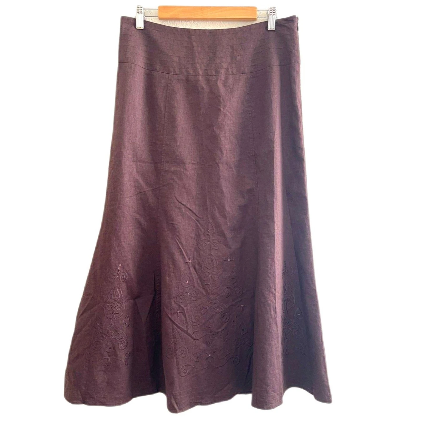 Vintage Brown Embroidered Linen Blend A-Line Maxi Skirt Hillard & Hanson Size 8