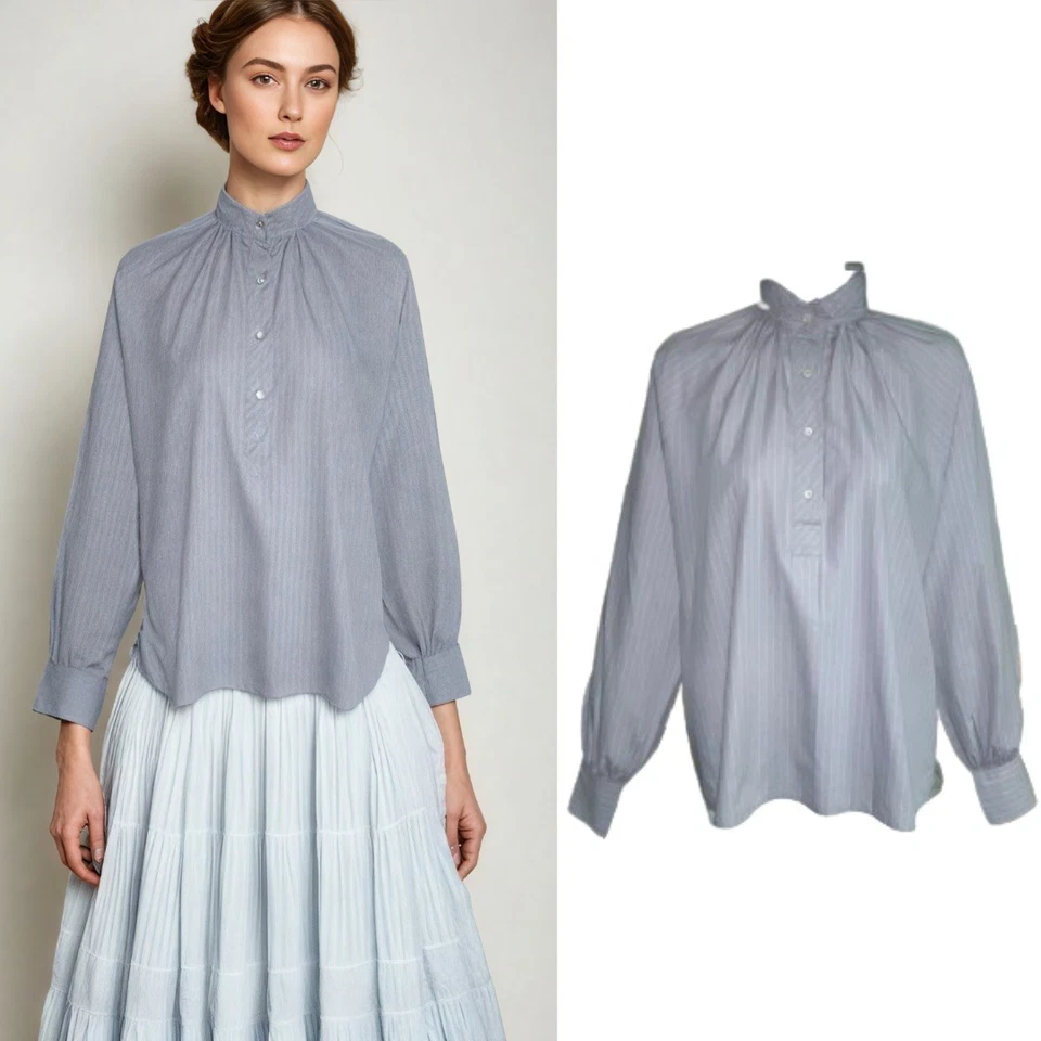 VINTAGE 70s 80s Shirt Blouse Peasant Edwardian Victorian Revival Cotton Grey 14 - Image 2 of 4