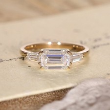 3 Ct Emerald Cut Diamond Three Stone Engagement Ring 14K Yellow Gold Finish