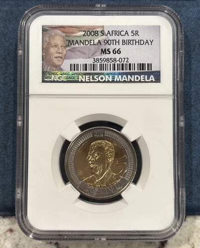 2008 South Africa 5 Rand Nelson Mandela's 90th Birthday Coin NGC MS66