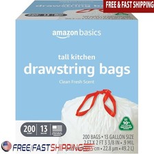 200 Count 13 Gallon Kitchen Trash Bags Red Drawstring Fresh Scented Recycled New