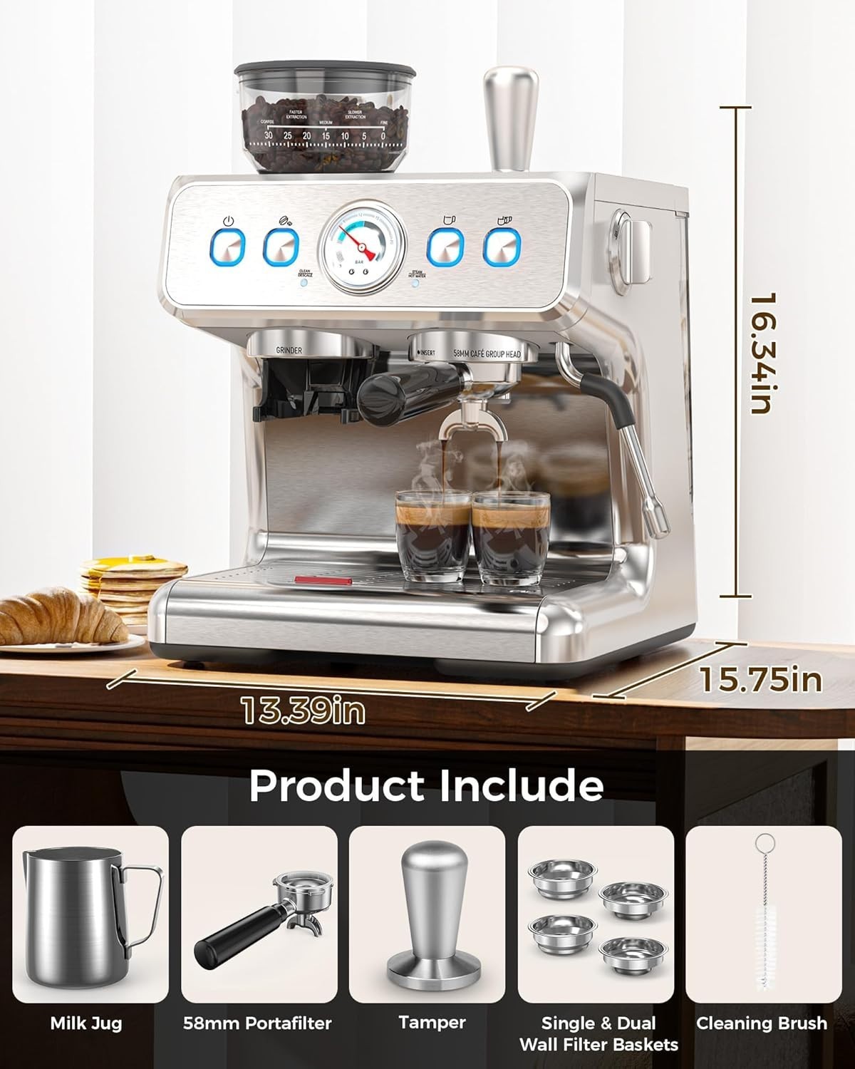Commercial Espresso Machine 15 Bar, Semi-Automatic Coffee Maker w/ Bean Grinder