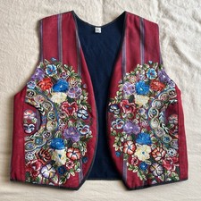 Vintage Guatemalan Huipil Vest Size XL. Embroidered Red Blue Floral. Hand Made