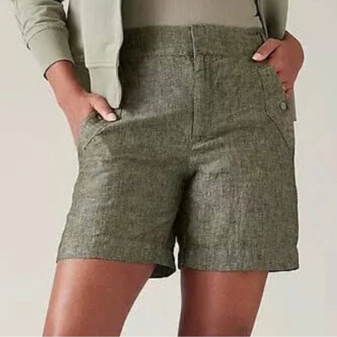 Athleta Voyager Linen High Rise 6" Short Aspen Olive Green 18