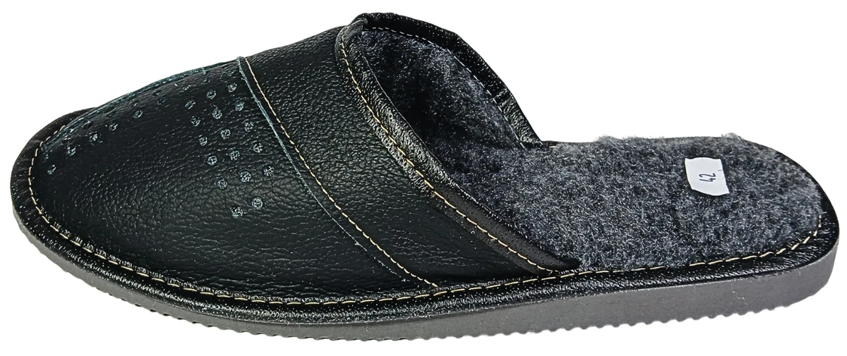 Herren Leder Hausschuhe Schwarz Rindsleder Schafwolle Pantoffeln Warm Gr.40-47