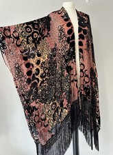 Malissa J Abstract Patchwork Velvet Devore Maxi Tassel Open Duster Kimono Jacket