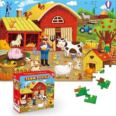 KiDEPOCH 100pc Barnyard Floor Puzzle, 100, Red, Brown, Yellow, Green, Blue 