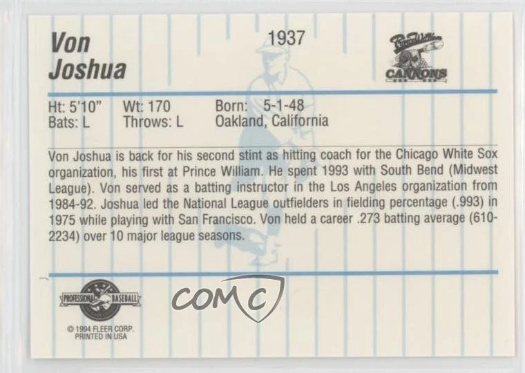 1994 Fleer ProCards Minor League Von Joshua #1937 - Image 2 of 2