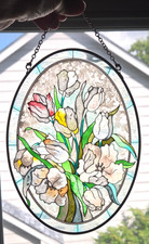 Beautiful, Floral, Handmade, Stained Glass Sun Catcher - 8.75" x 6.5"