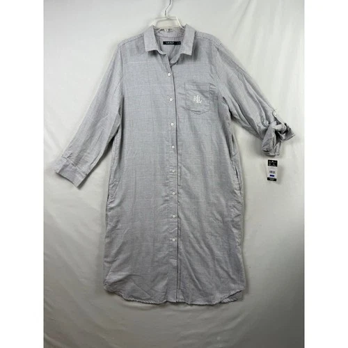 Lauren Ralph Lauren Nightgown Womens XL Gray Plaid Button Front Sleep Shirt NEW