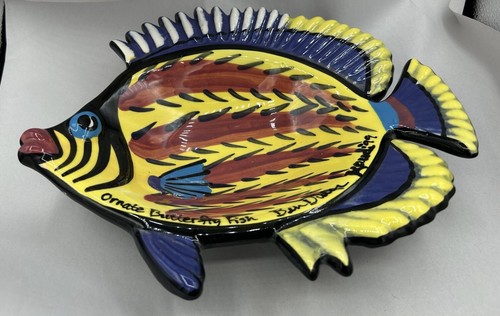 Ben Diller Tropical Ornate Butterfly Fish Art Pottery Dish Bowl 10" Kauai Hawaii