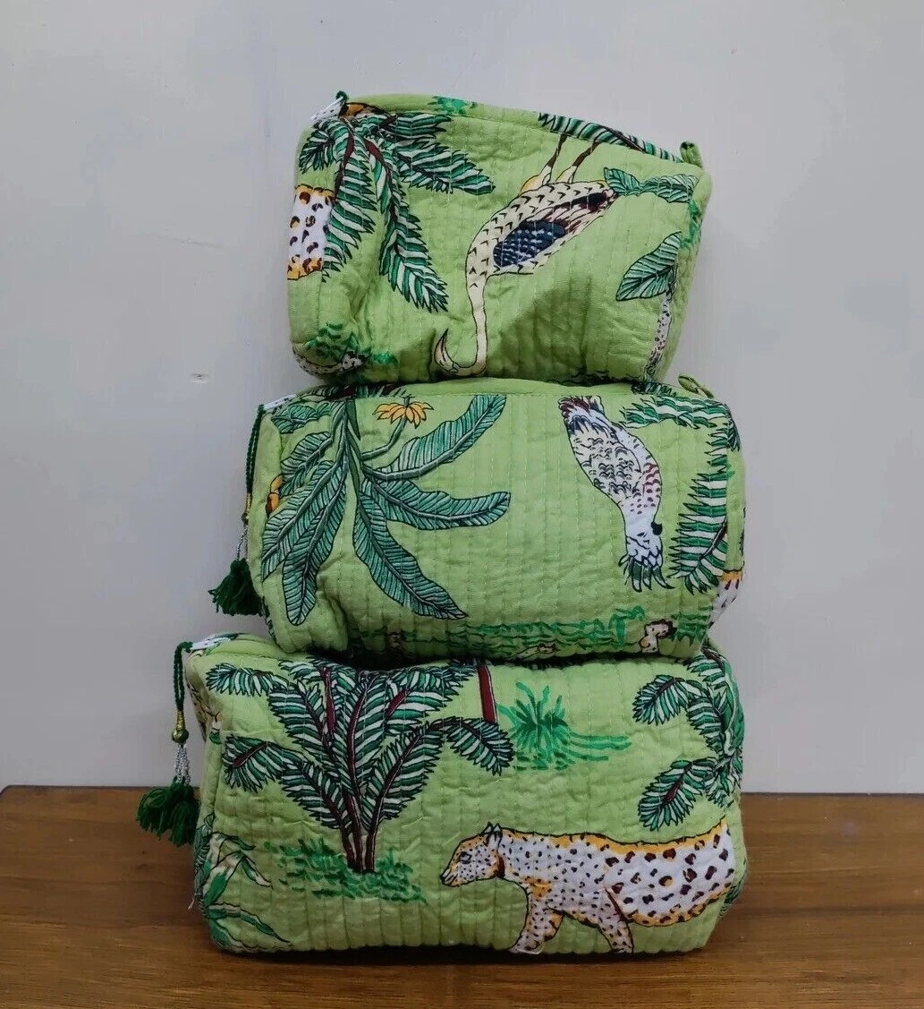 Indian Floral Printed Cotton Quilted Toiletry Purse Cosmetic Storage Bag Of 3 Pc