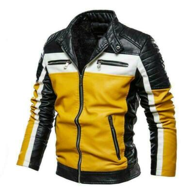 Motor Men's Eco Leather Jacket Fleeces Lined Coat Slim Fit Fashion Winter Casual