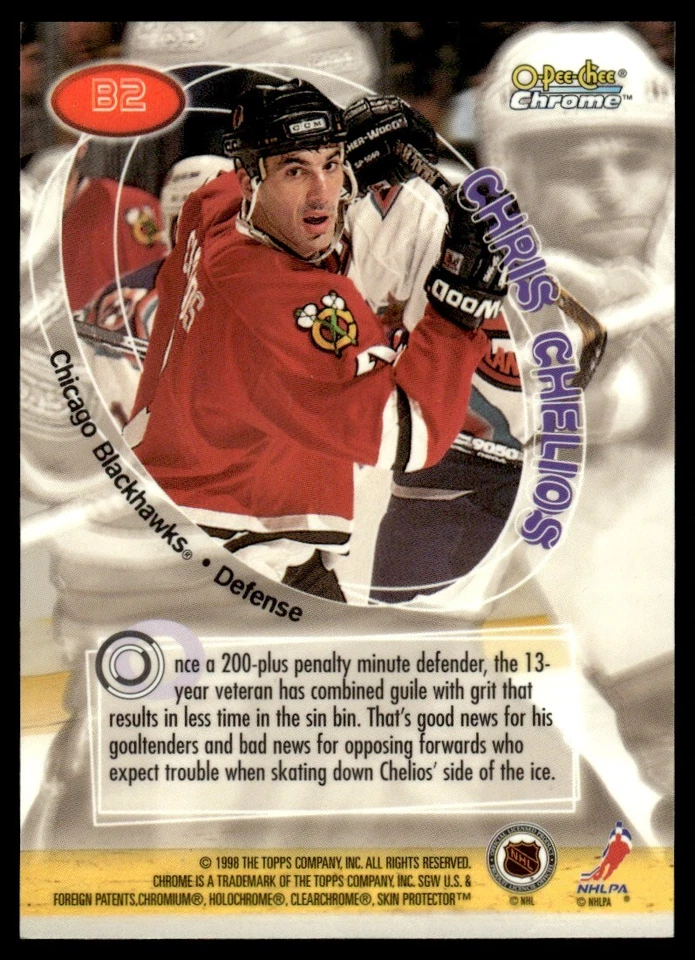 1998-99 O-Pee-Chee Chrome Board Members Chris Chelios Chicago Blackhawks #B2 - Image 2 of 2