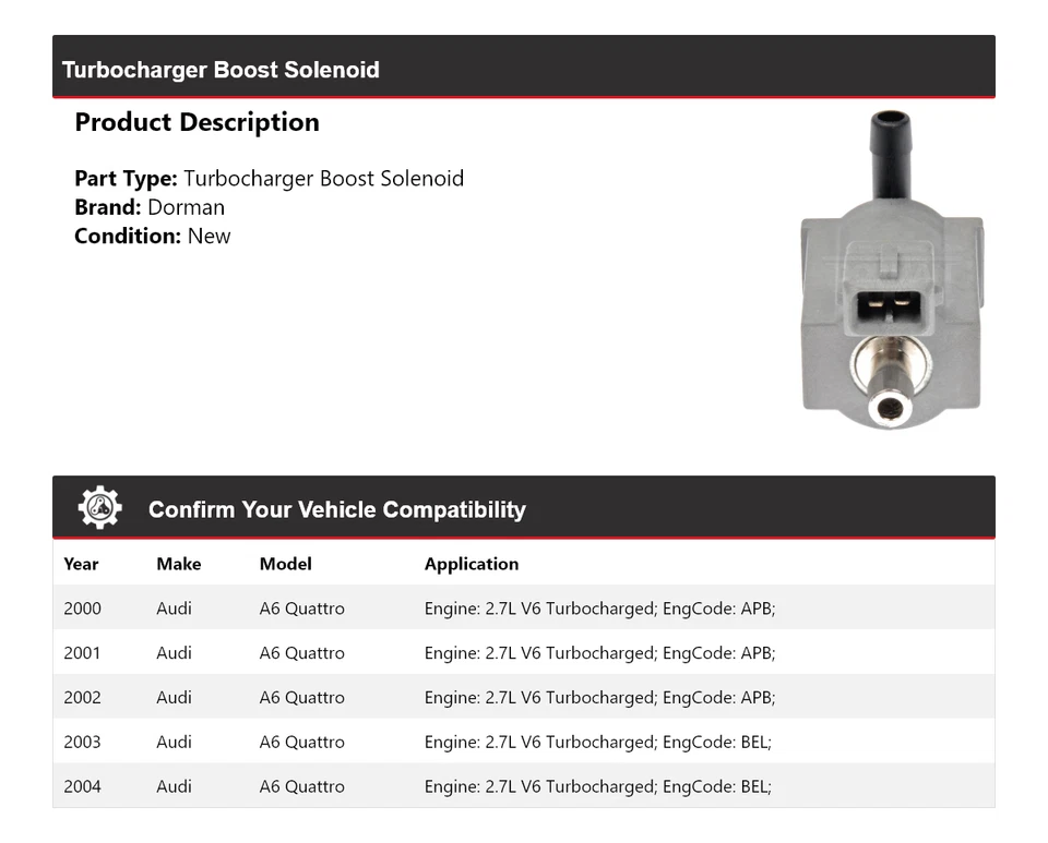 Para Audi A6 Quattro Dorman 2000-2004 turbocompresor Boost solenoide 2001 2002 2003 Foto 2 de 4