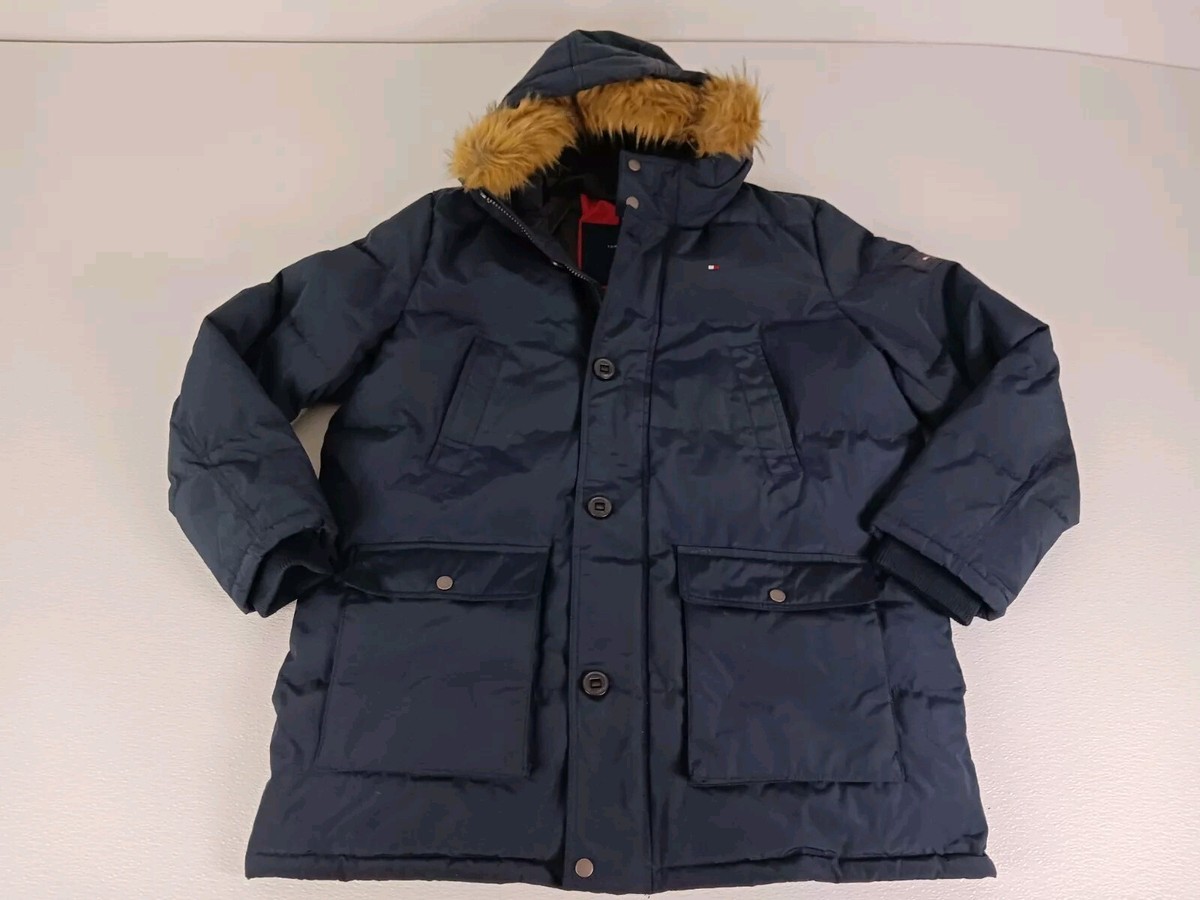 Tommy Hilfiger Parka Down Jacket Mens XXL Navy Hooded Fur Trim Heavyweight