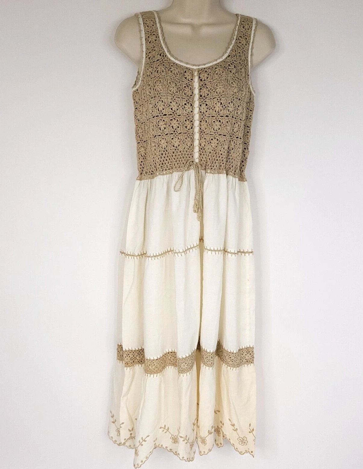 OFF WHITE Abito vintage uncinetto donna M marrone bianco sporco floreale senza maniche ricamato LEGGI