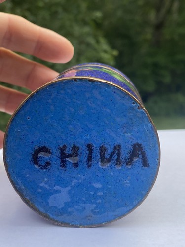 Antique Chinese Cloisonne Covered Round Blue Floral Trinket Tea Jar Box 3" tall. - Picture 6 of 8