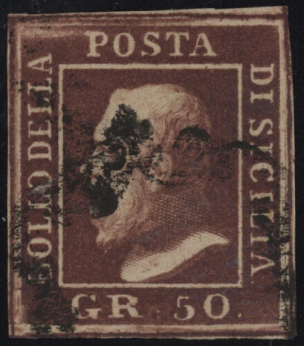 Sicilia - 1859 - 50 grana lacca bruno violaceo, n° 14b, ottimo/eccellente, - Foto 1 di 1