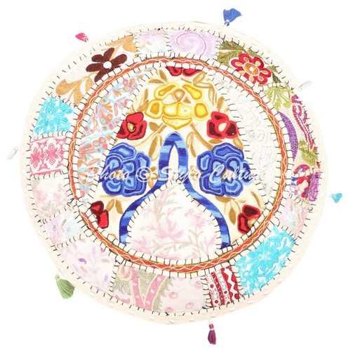 Indian Round Pouf Cover Patchwork Bohemian Ottoman Lounge Embroidered 22" White - Picture 2 of 3