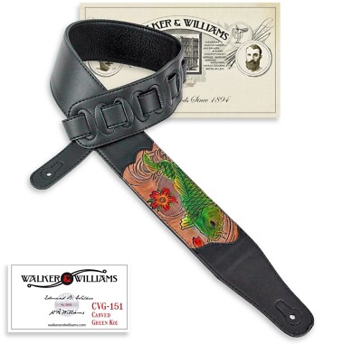 Walker & Williams CVG-161 Black Leather Padded Guitar Strap w/Tooled Green Koi  