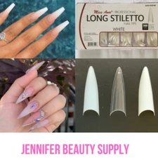 MISS ANA LONG STILETTO WHITE 500 PCS ARTIFICIAL FAKE NAIL TIPS 10 SIZES | USA