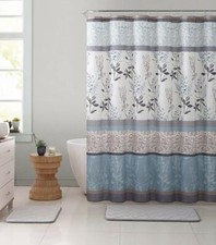 VCNY Ashley Light Blue Beige Canvas Fabric Shower Curtain Floral NWOP
