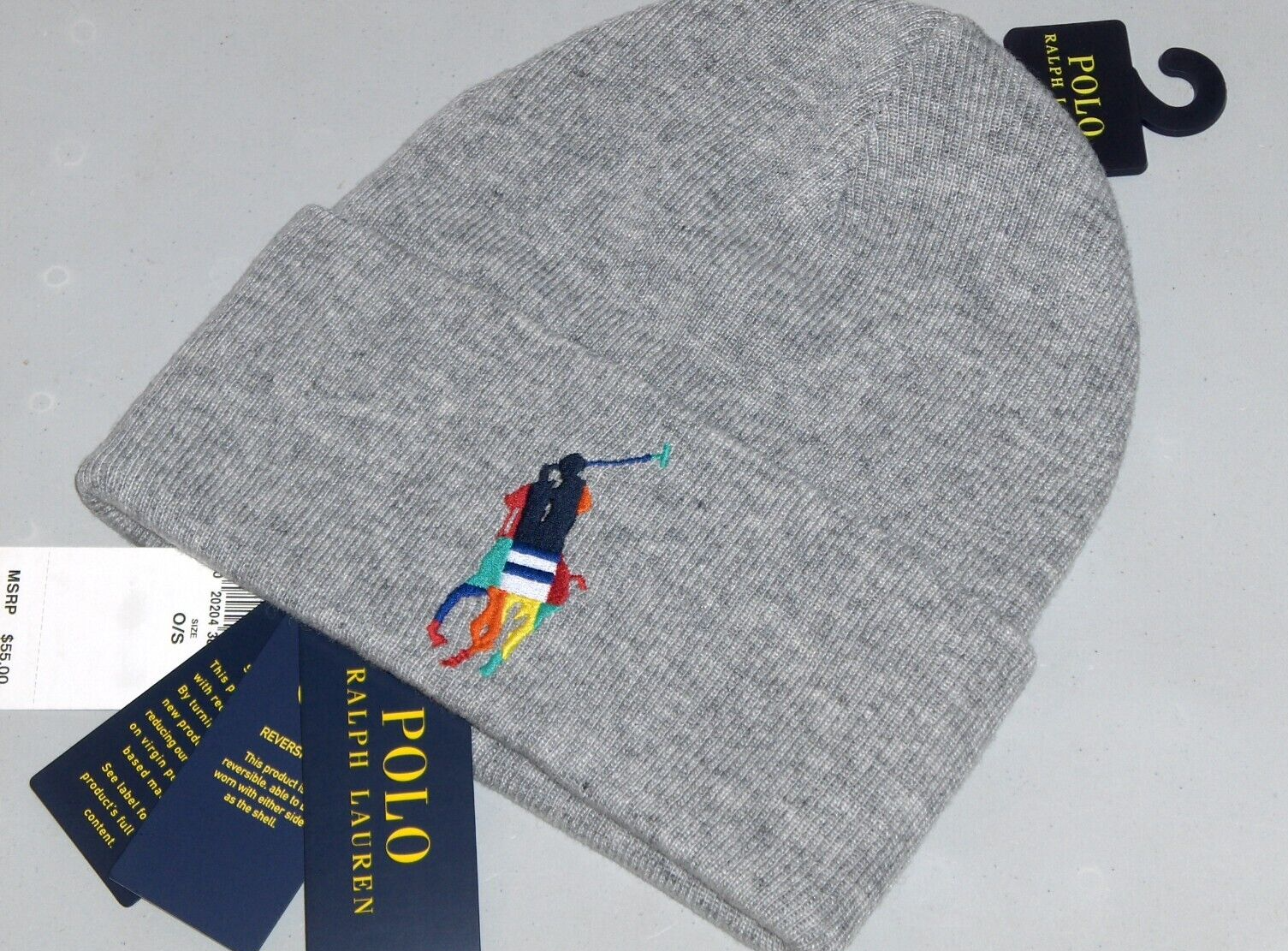 POLO RALPH LAUREN Cappello berretto da uomo in lana grande pony reversibile GRIGIO BLU NAVY