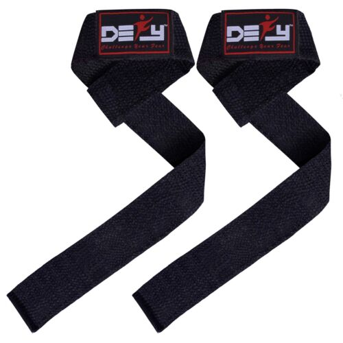 DEFY WEIGHT LIFTING STRAPS  BODYBUILDING WRIST BAR SUPPORT COTTON PAIR BLACK - Picture 1 of 4