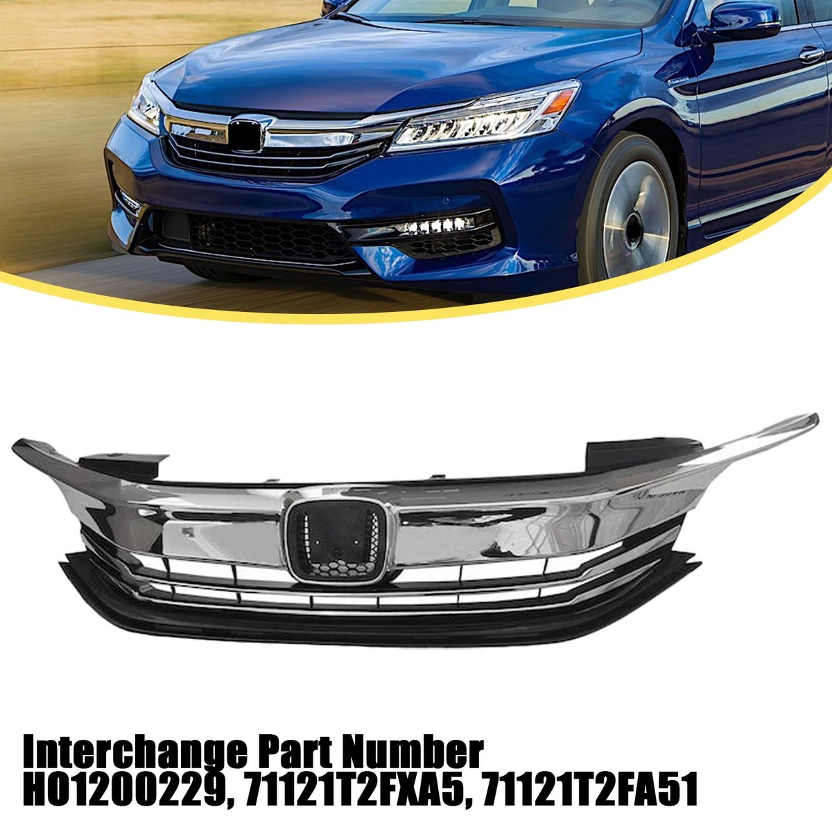Fit 2016 2017 Honda Accord Sedan 4-Door Front Upper Chrome Grille