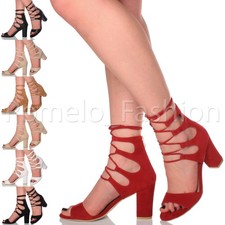 WOMENS LADIES HIGH HEEL LACE UP WRAP AROUND CAGED PEEP TOE SANDALS SIZE 3 36