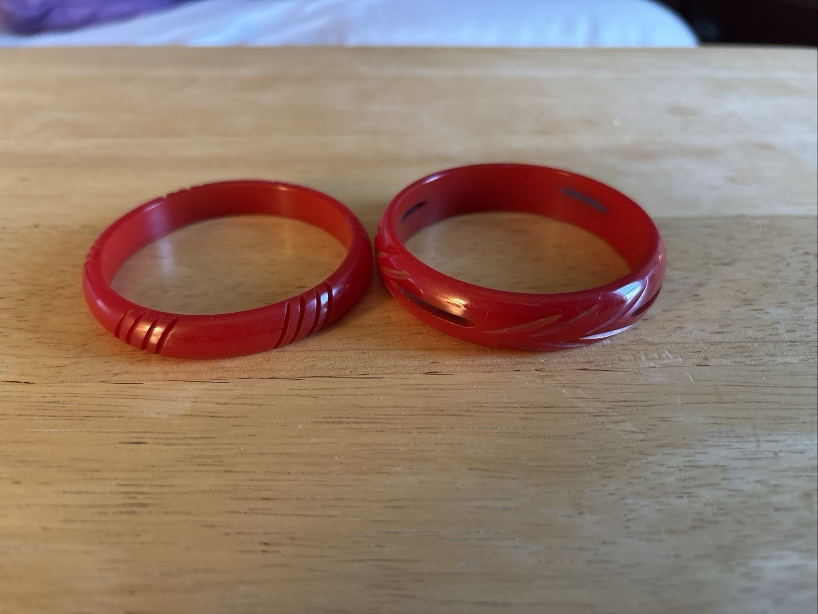 BAKELITE BANGLE BRACELETS CHERRY AMBER CARVED NIC… - image 1