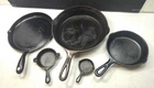 LOT x5 Vintage WAGNER USA Cast Iron Skillets -0-1058 1098 #3 + #9 Mini Ash Trays