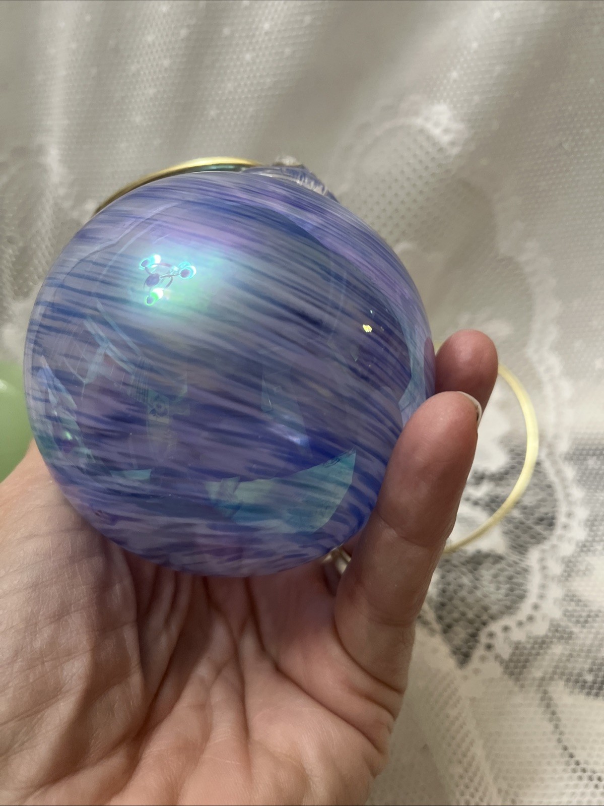 Hand Blown Glass Orb Witch Ball Sun Catcher Ornament  Poland Iron Art Blue Lot 2