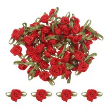 50pcs Red Ribbon Roses 5/8"x1-3/16" Mini Roses for Crafts Artificial Flowers