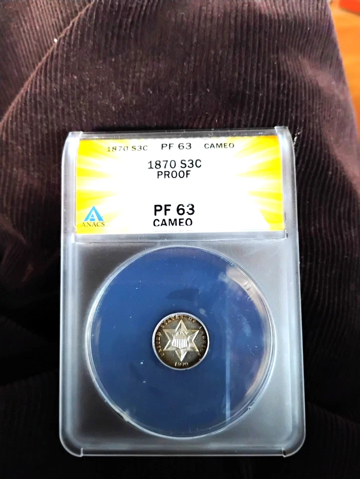 1870 3C Silver PR 63 Cameo Very PQ  Natural Toning Scarce Proof Trime ANACS - Image 2 of 4