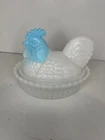 HTF Vintage Westmoreland milk glass hen on a nest W/blue Slag Glass Head 2pcs