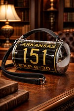 Little Earth Arkansas License Plate Crossbody Bag 1998 Black Yellow Metal Barrel