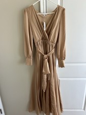 Baltic Born Holly Satin Long Sleeve Maxi Wrap Dress in Champagne Size Medium NWT