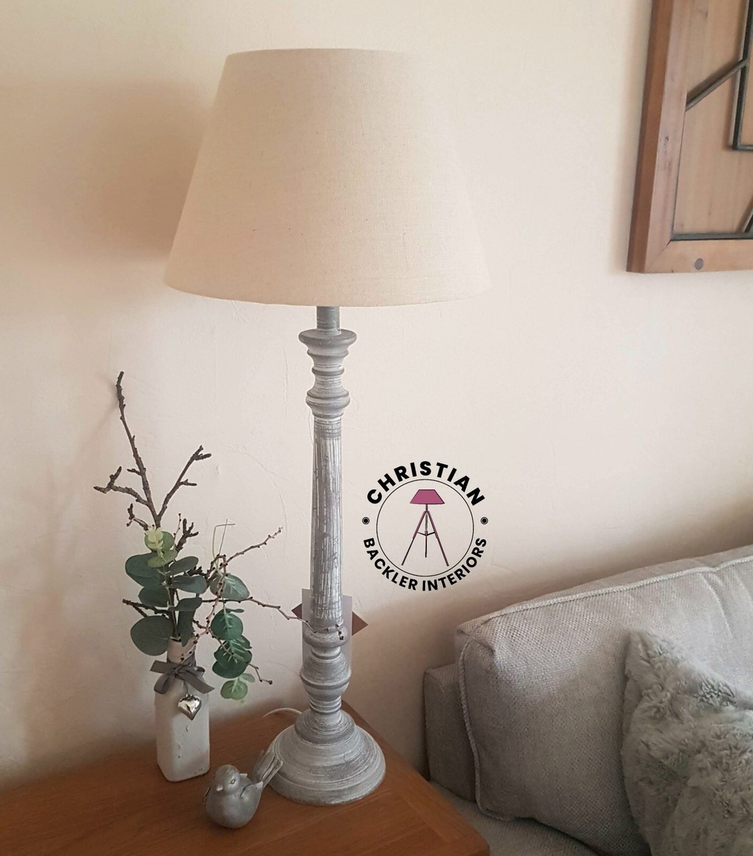 Tall Limed wooden TABLE LAMP with linen shade shabby chic country