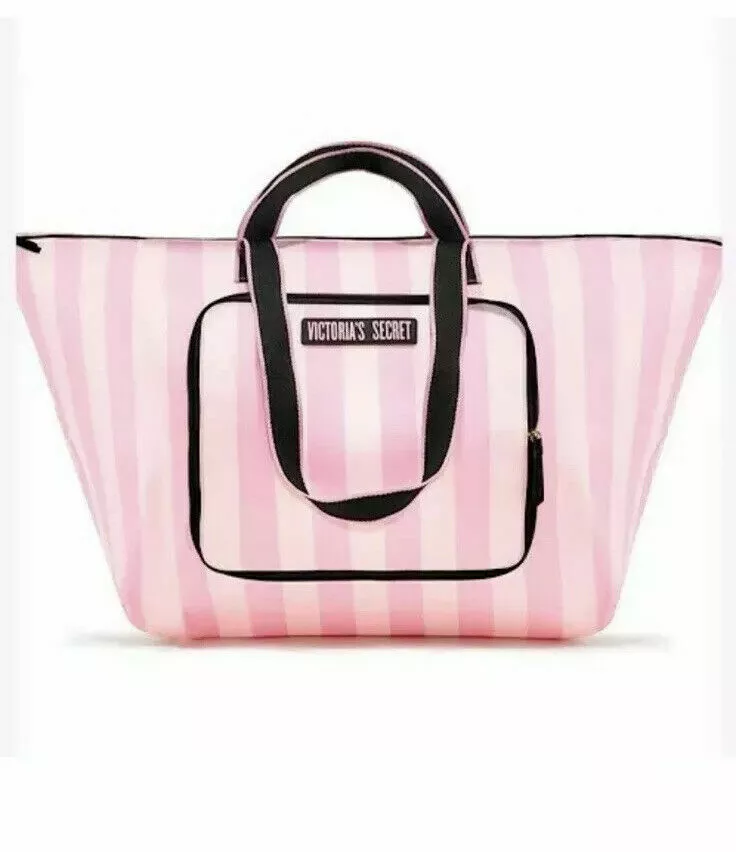 VICTORIAS SECRET SIGNATURE STRIPE PACKABLE WEEKENDER TOTE BLACK PINK DUFFLE  BAG