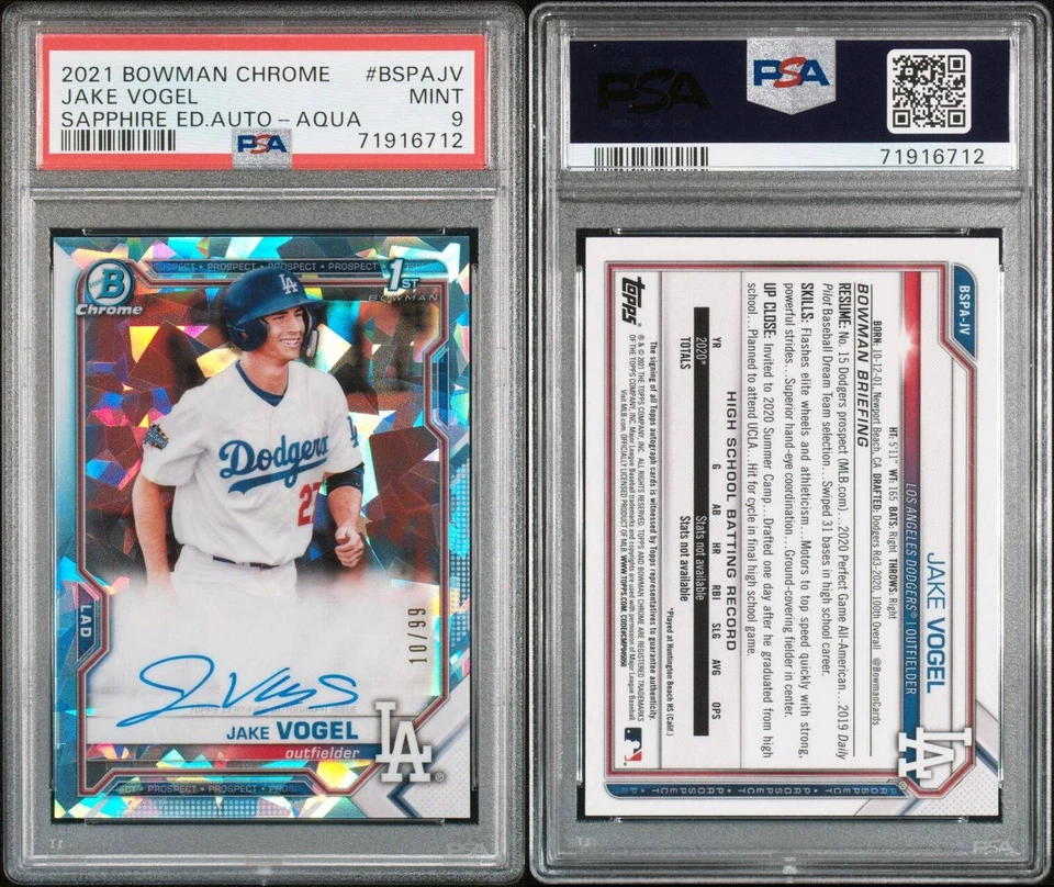 2021 Bowman Chrome Jake Vogel Sapphire Aqua Auto PSA 9 Mint - Image 3 of 3